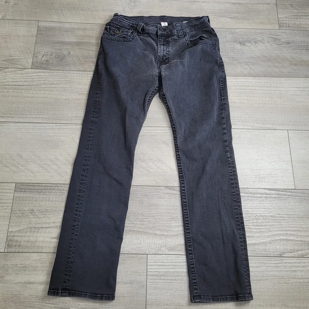 🖤True Religion Jeans Mens 38 (35x33) Black Ricky Flap SN Straight Leg Denim